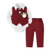 CARETOO Newborn Boy Clothes 5Pcs Set Infant Outfit Collared Dress Shirt Vest Bowtie Corsage Pants